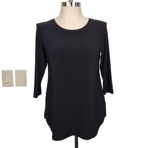 Sympli Slinky Tunic Top 10 Black 3/4 Sleeve Round Neck Split Hem Travel Classic